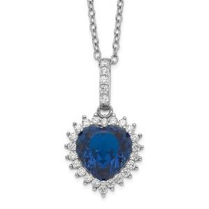 925 Sterling Silver Lab Created Blue Spinel & White CZ Heart Halo 18" Necklace